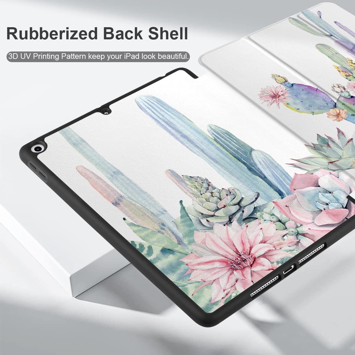 DONGKE iPad 10.2 Inch Case (2021/2020/2019) - Compatible with iPad 9th/8th/7th Generation - Slim Stand Protective Cover with Pencil Holder & Auto Sleep/Wake - Soft TPU Back - Saguaro Cactus Design - Perfect for Work, School & Travel