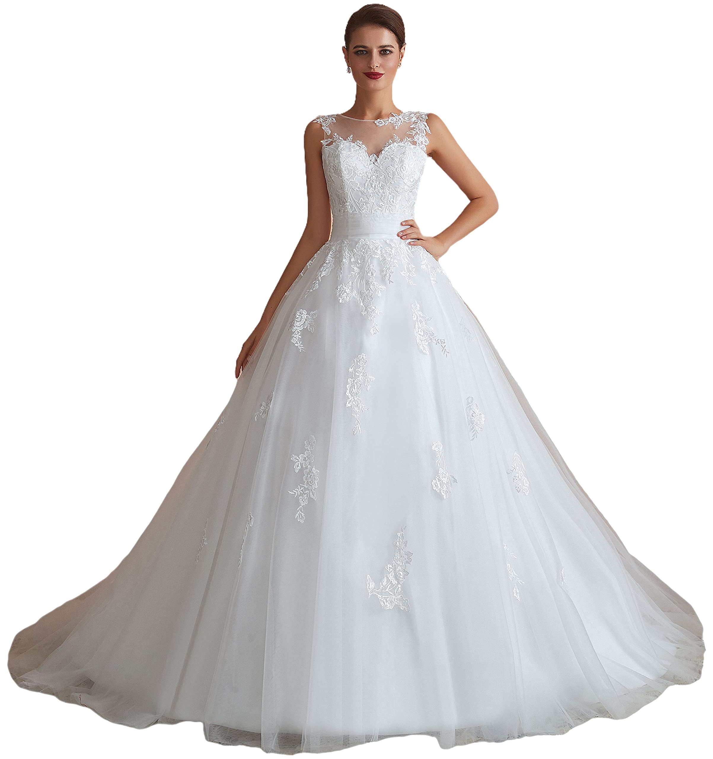 Elegant Ball Gown Lace Wedding Dress 2024 | Backless Bridal Gown with Long Train | Perfect for Church Ceremony, Beach Wedding & Formal Reception