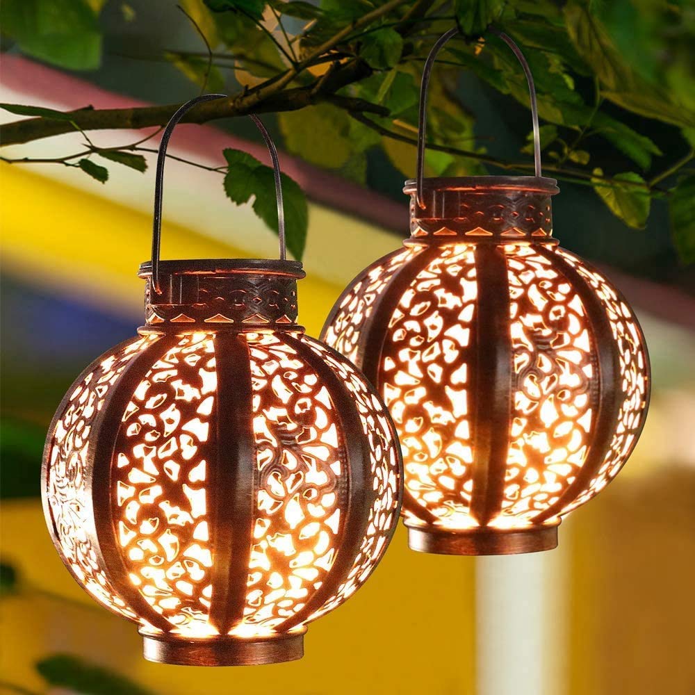 2 Pack Hanging Solar Lanterns - Outdoor Solar Powered Garden Lights for Patio, Trees, Fence & Yard Decor - 6 Lumens Warm Brown - Perfect for Backyard, Garden, Pathway & Outdoor Parties