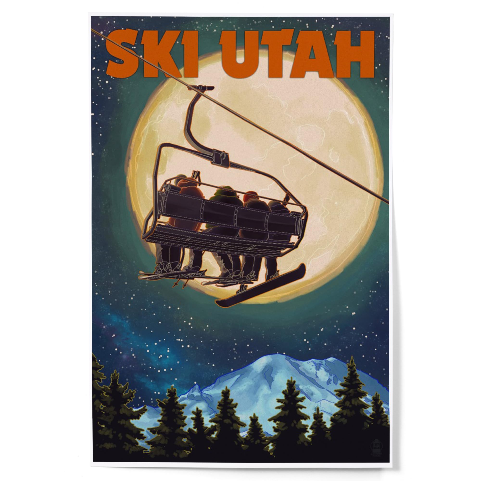Lantern Press 12x18 Inch Ski Utah Art Print - Mountain Ski Lift & Full Moon Wall Decor for Home, Office & Cabin | Winter Sports & Mountain Theme Decor