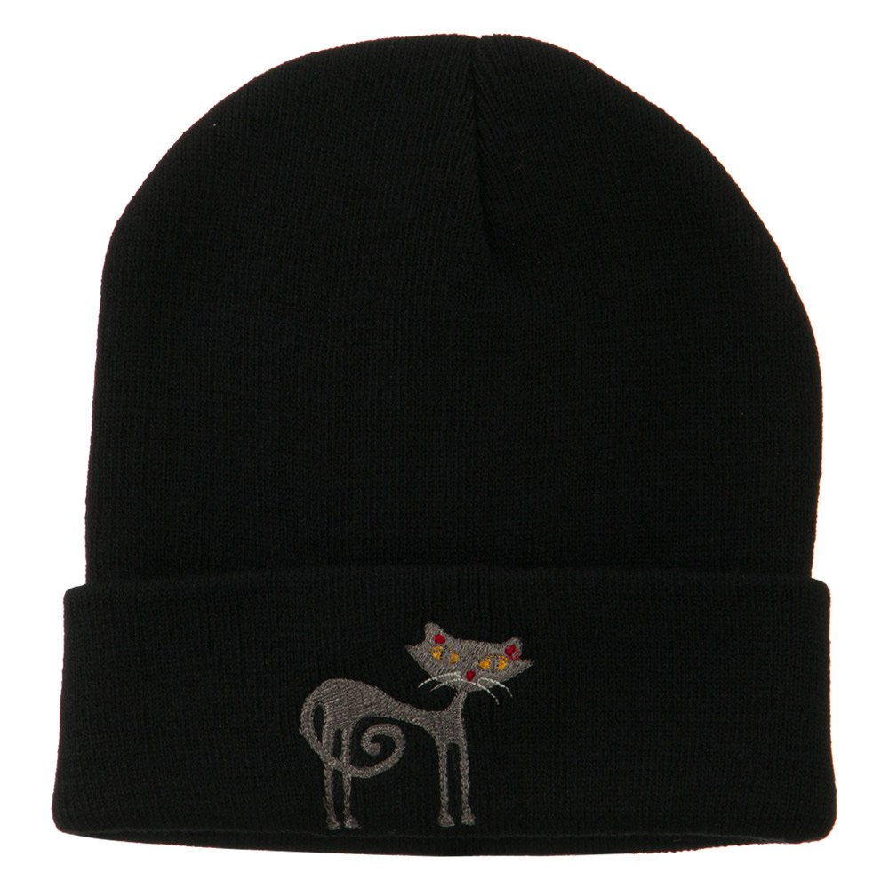 Black Cat Embroidered Long Beanie Hat for Women & Men - Winter Warm Knit Skull Cap with Cute Feline Design - Perfect for Cold Weather, Outdoor Activities, and Fashion Accessories