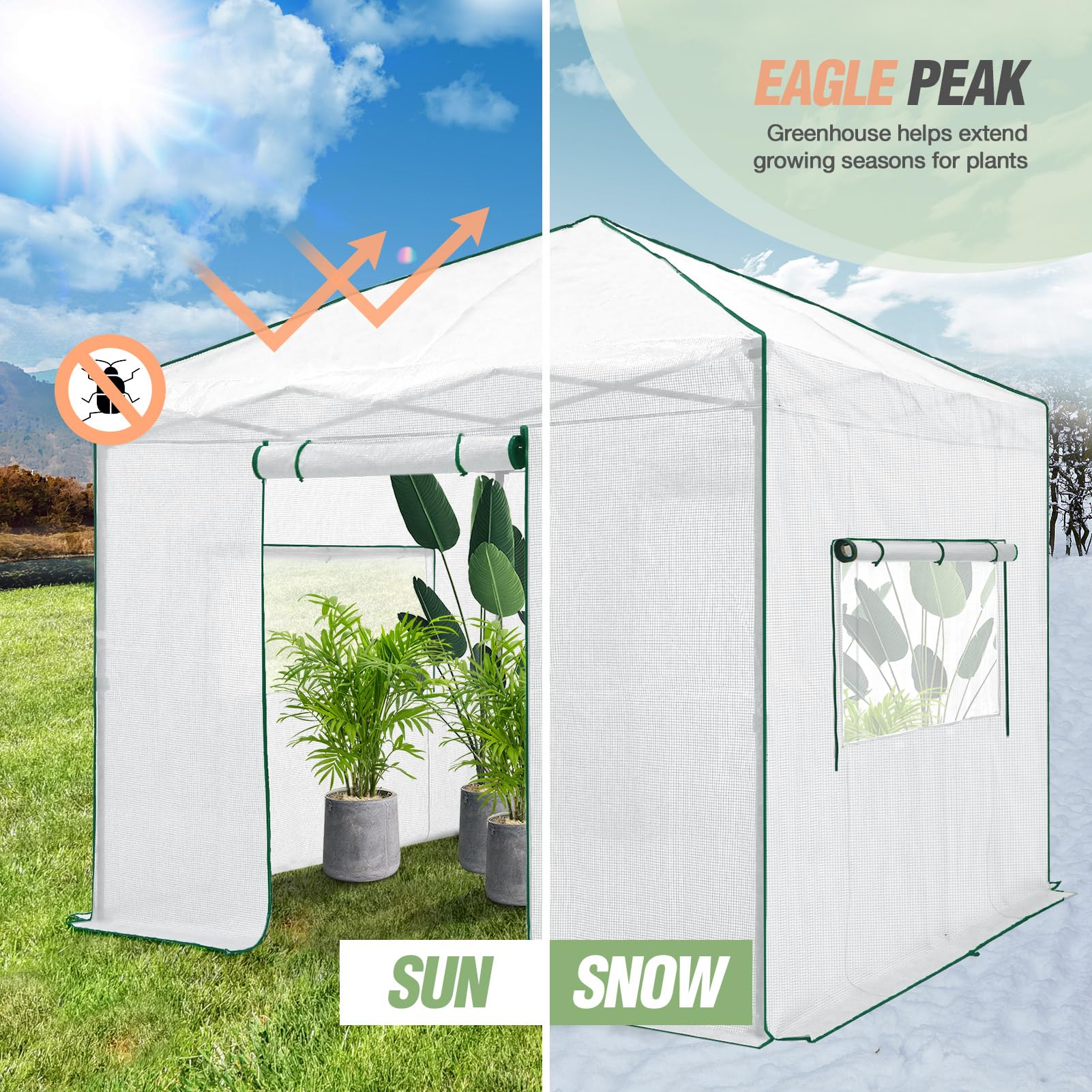 EAGLE PEAK 10x10 Portable Walk-in Greenhouse for Indoor Outdoor Gardening - Pop Up Plant Greenhouse with Zippered Doors & Windows, PE Cover in White - Perfect for Backyard, Patio & Home Garden Protection