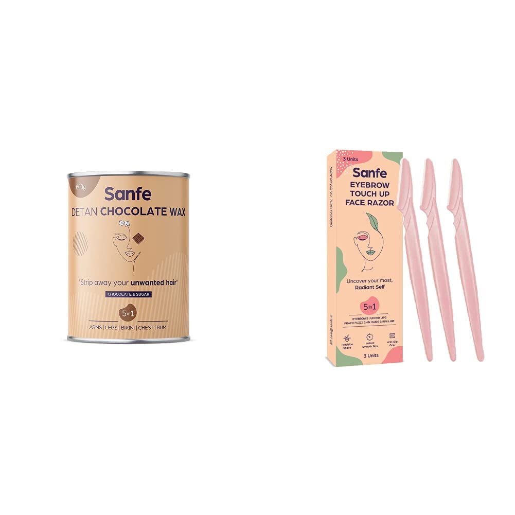 Sanfe Detan Chocolate Wax for Smooth Hair Removal - 600g with Natural Chocolate Extracts | Sanfe Reusable Eyebrow Razor for Women - Pack of 3 | At-Home Hair Removal & Eyebrow Grooming Kit