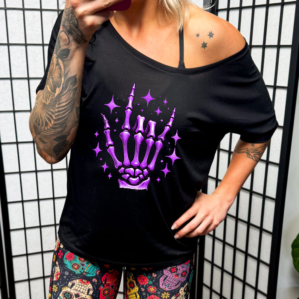 Purple Skeleton Hand Graphic T-Shirt | Trendy Slouchy Fit Tee for Men & Women | Perfect for Halloween, Gothic Fashion & Casual Streetwear