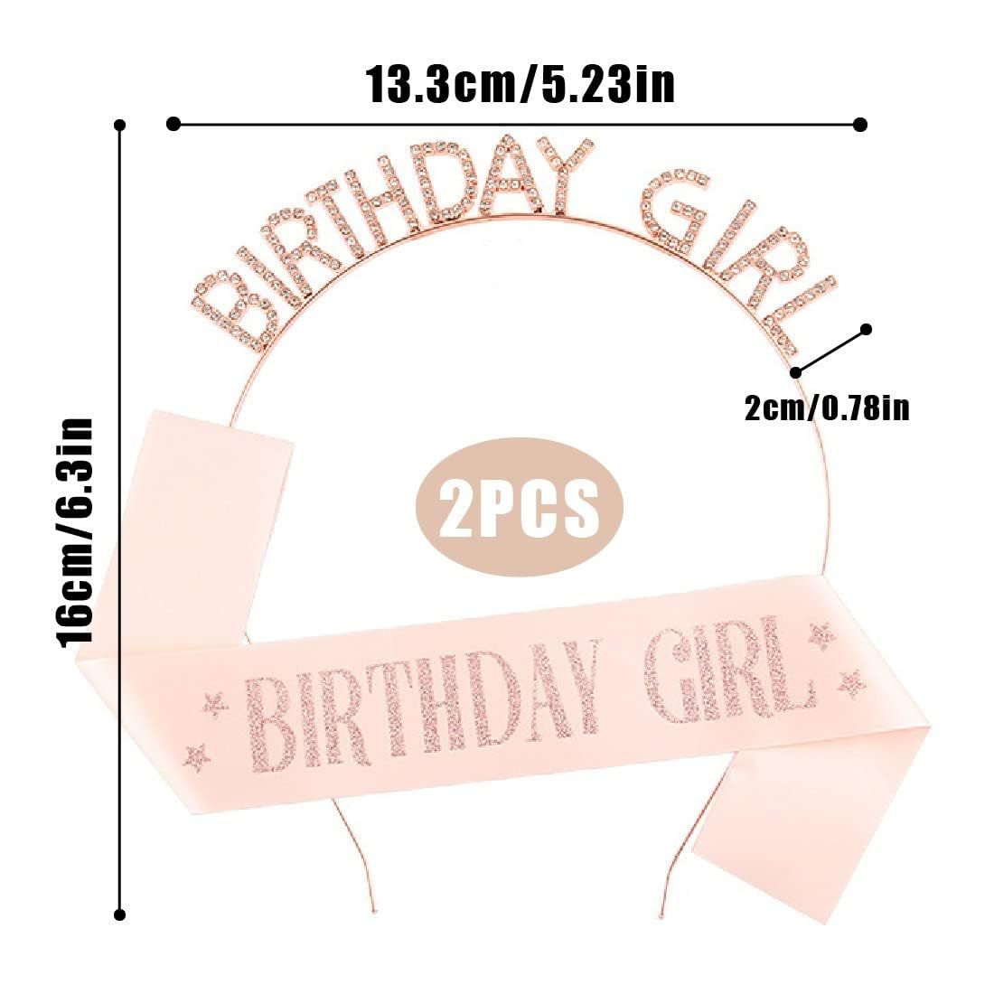 2 Pcs Birthday Crown Belts Set - Birthday Girl Sash & Tiara with Rhinestones, Rose Gold Satin Headband for Women & Girls - Perfect for Birthday Parties, Princess Themes, Photo Shoots & Special Celebrations