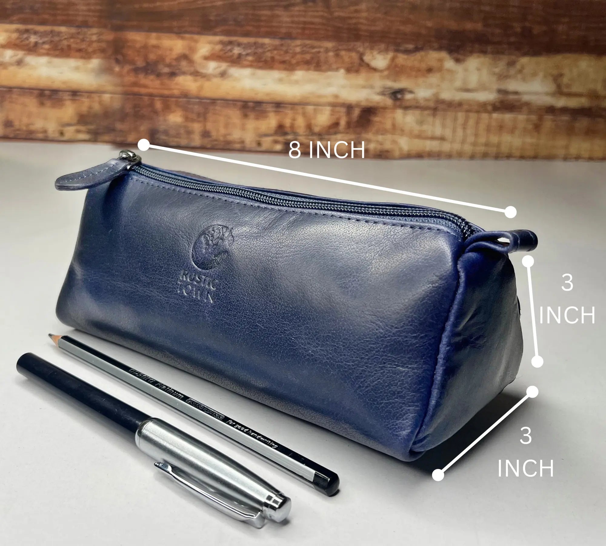 Premium Genuine Leather Pencil Case with Zipper - Blue Pen Pouch for School, Office & Travel Organizer - Perfect for Students, Professionals & Artists