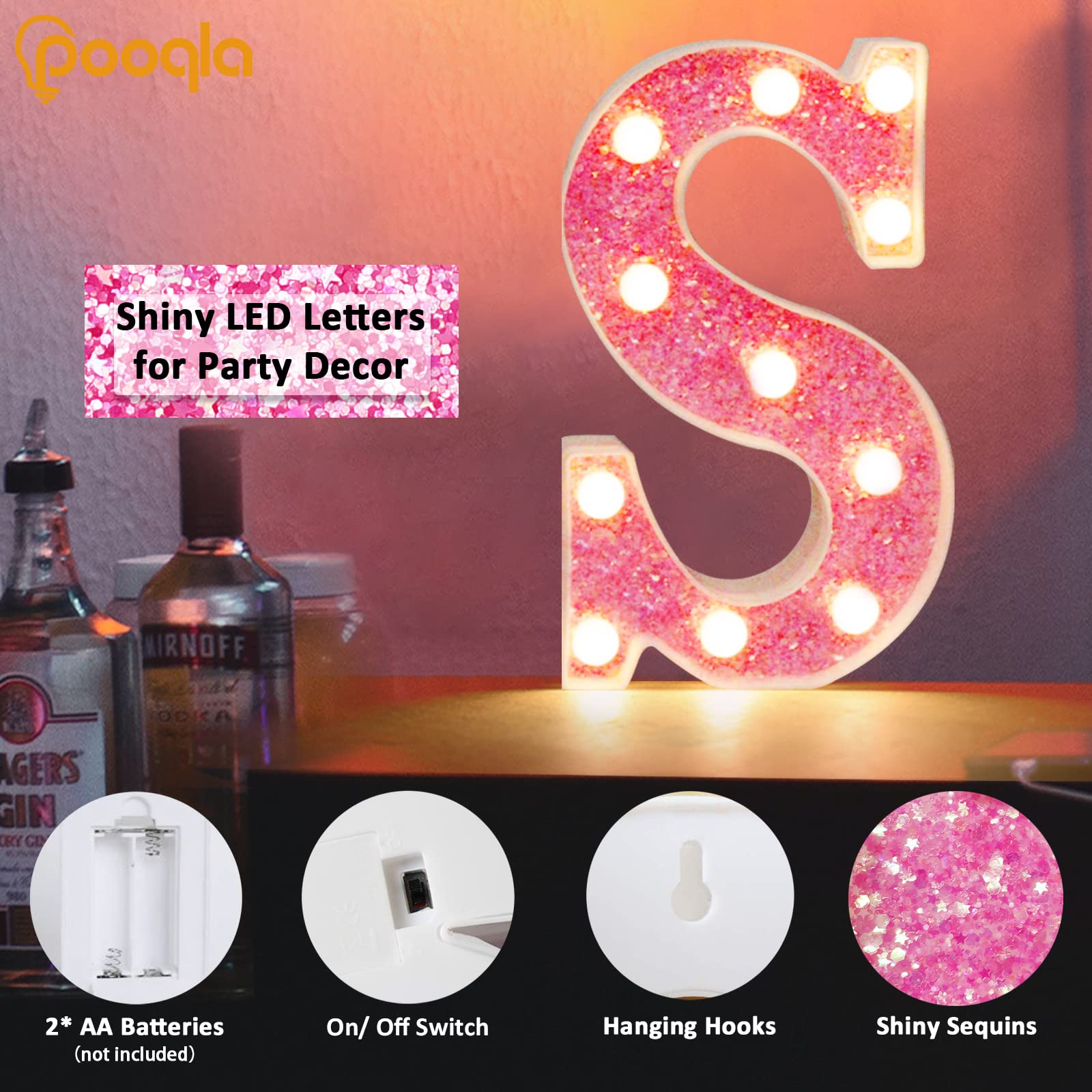 Pooqla Pink LED Marquee Letter N - Battery Powered Glitter Alphabet Light Sign for Night Light, Birthday Party, Wedding, Home Bar & Christmas Decoration - Perfect Gift for Girls & Women (Pink Letter N)