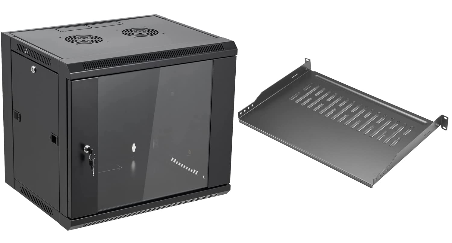 9U Wall Mount Server Cabinet with Glass Door & Vented 1U Rack Shelf - Network Equipment Enclosure for Home Office, Data Center, and IT Closet Organization
