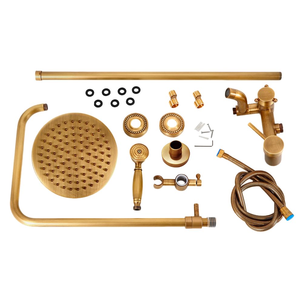 Vintage Brass Shower System with Rainfall Shower Head and Handheld Shower - Antique Style Bathroom Fixture for a Luxurious Spa Experience at Home
