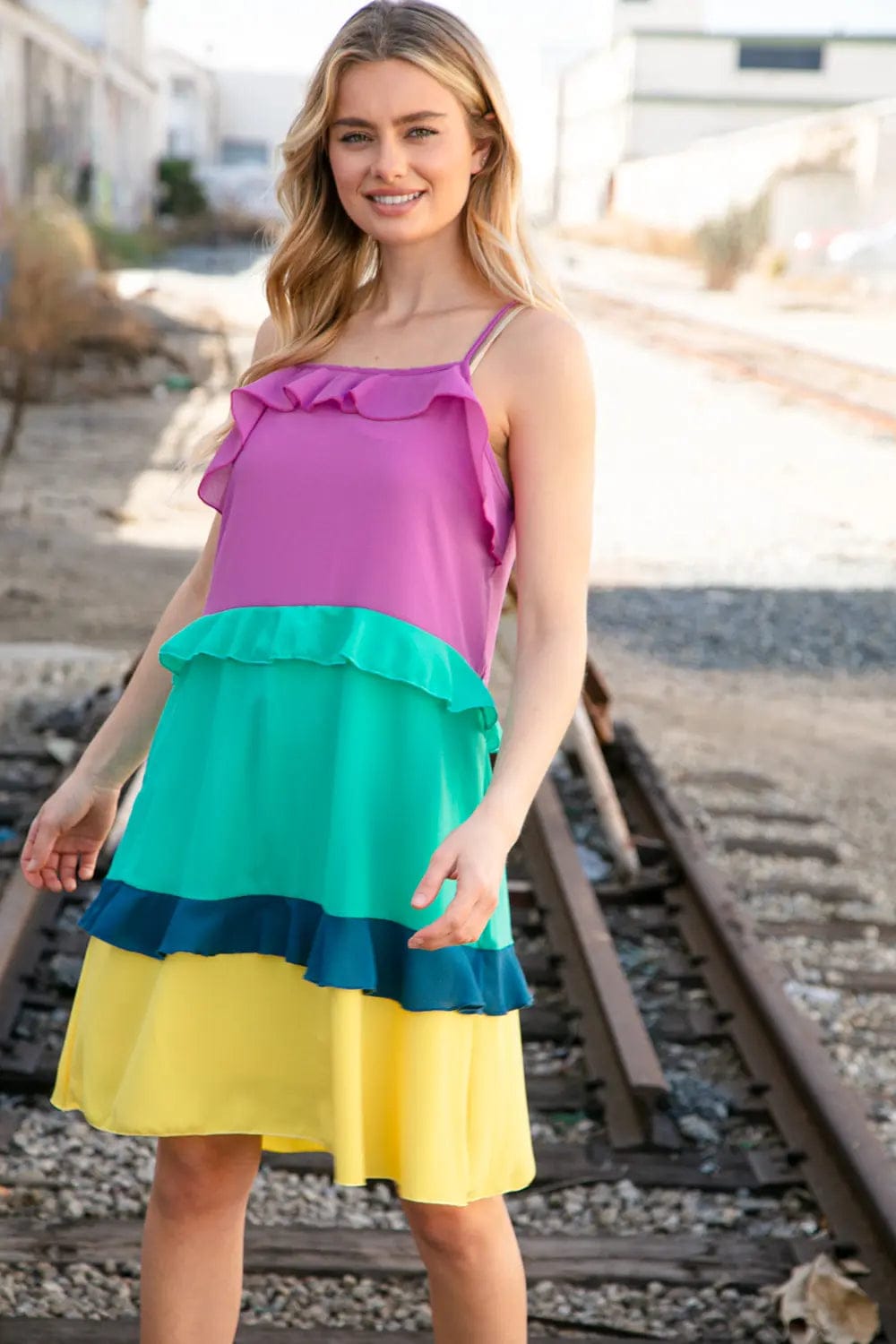 Fuchsia Shoulder Strap Color Block Tiered Ruffle Dress for Women - Elegant Summer Party Cocktail Dress for Weddings, Date Nights & Special Occasions