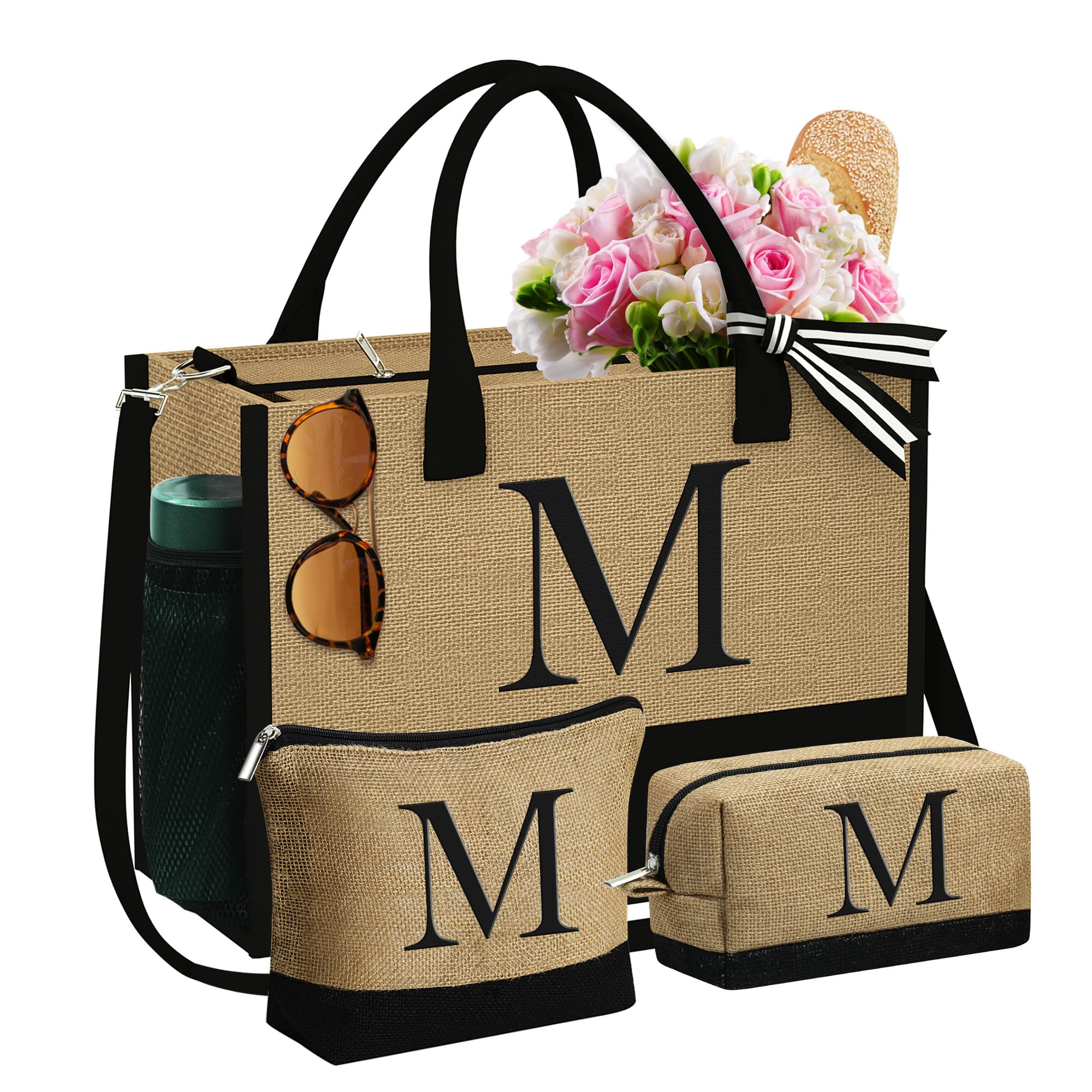 YOOLIFE Personalized Jute Tote Bag & 2 Zippered Makeup Bags - Eco-Friendly Mom & Best Friend Birthday Gifts for Women, Perfect for Daily Use, Travel, and Shopping