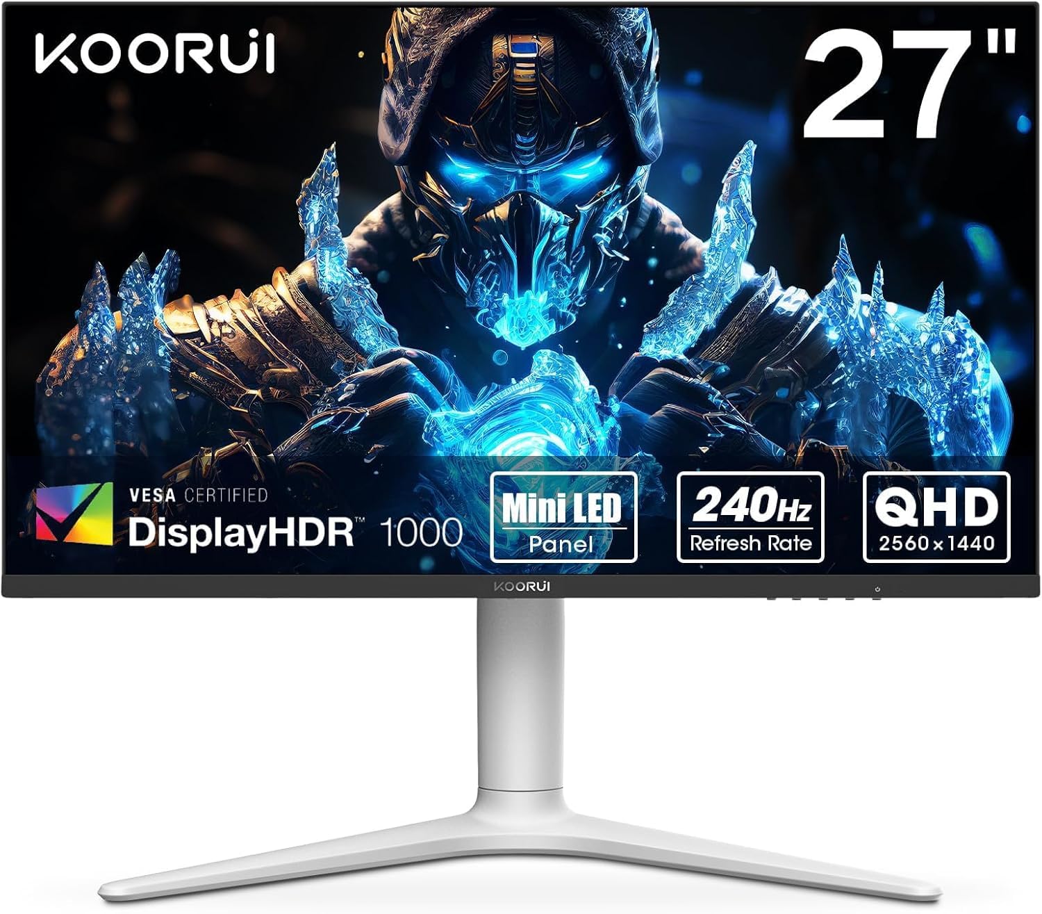 KOORUI 27 Inch 240Hz QHD Gaming Monitor with Mini LED VA Panel, 1ms Response Time, Adaptive Sync, HDR1000, 95% DCI-P3, 2x HDMI 2.0 & DisplayPort 1.4, VESA 75x75mm, Height Adjustable - Perfect for Esports, FPS Gaming and Professional Workstations