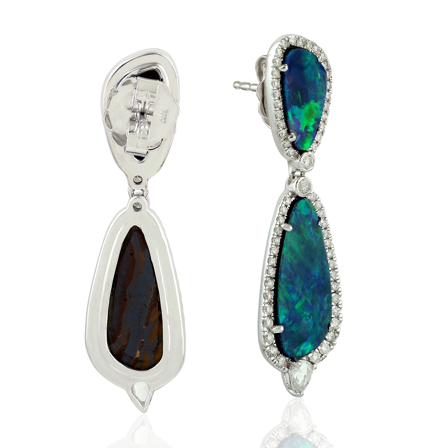 18K White Gold Prong Diamond Opal Doublet Dangle Earrings for Women - Elegant Wedding Gift, Anniversary Present & Special Occasion Jewelry - Perfect for Bridal, Evening Wear and Formal Events