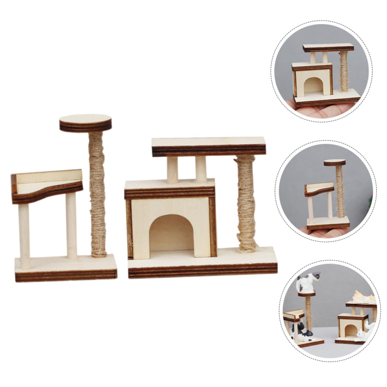 2pcs Mini Wooden Cat Tree Furniture - Dollhouse Climbing Tower for Cats, Desktop Ornament & Home Decor Accessory | Perfect for Small Spaces, Kitty Playtime, and Themed Room Decor
