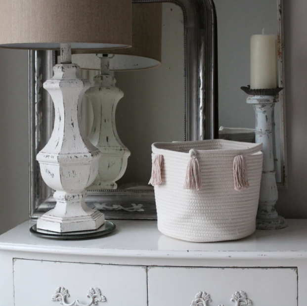 Set of 2 Medium Blush Tassel Baskets - Boho Home Decor for Living Room, Bedroom & Nursery Storage