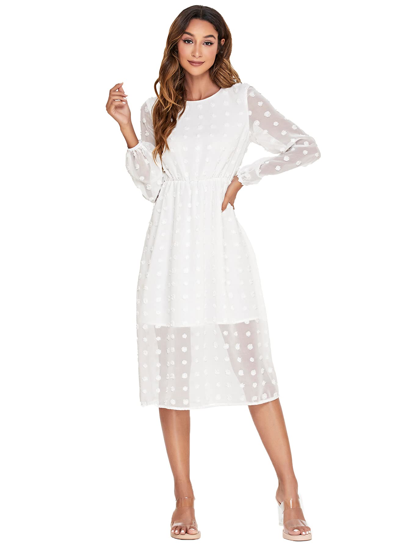 SheIn Women's Casual Long Sleeve High Waist Midi Dress - Crewneck A-Line Swiss Dot Flowy Dress for Work, Date Night & Spring Outfits
