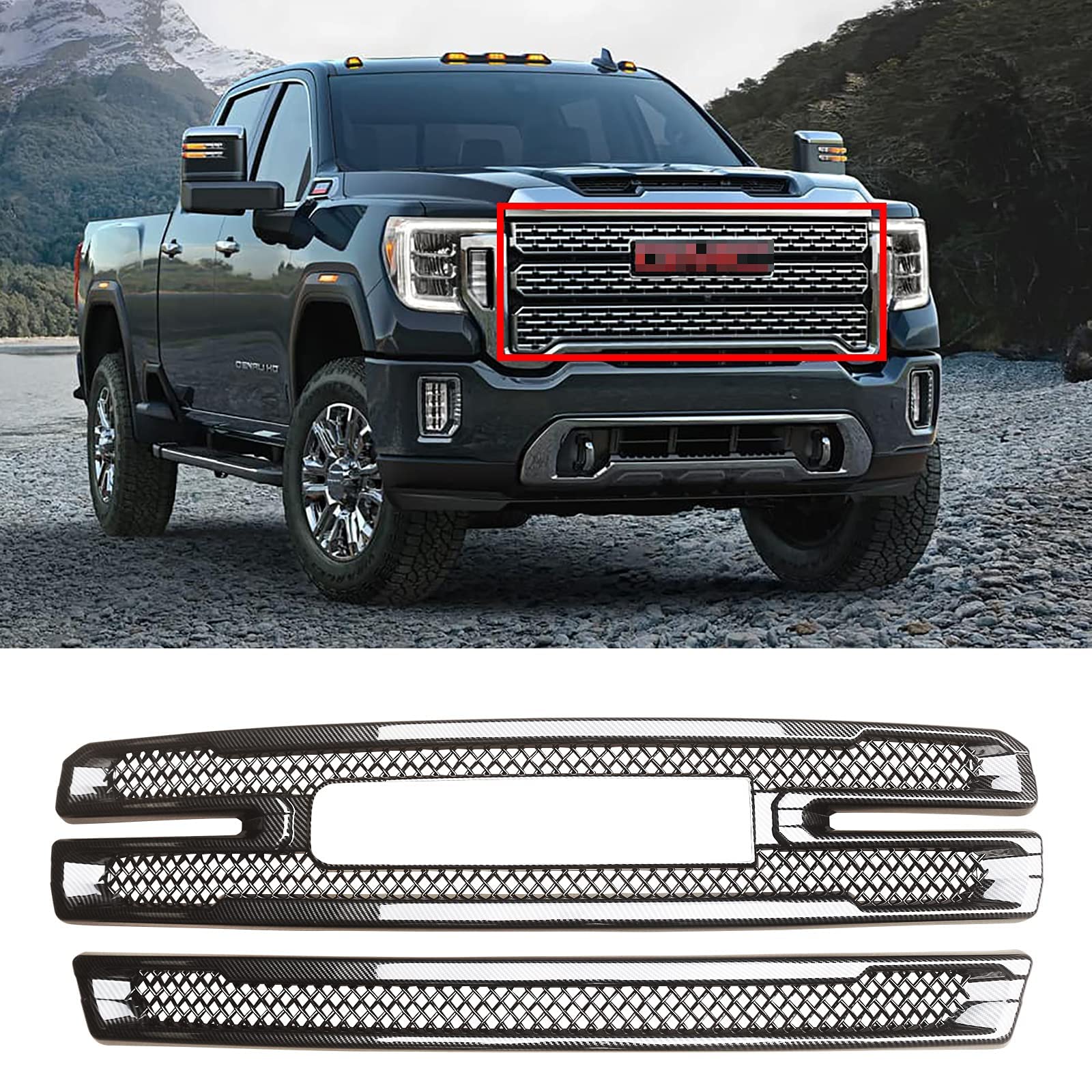 Carbon Fiber Style ABS Front Grille Overlay for 2019-2022 GMC Sierra 1500 SLT AT4 - Upgrade Your Truck's Appearance for Off-Road & Street Driving