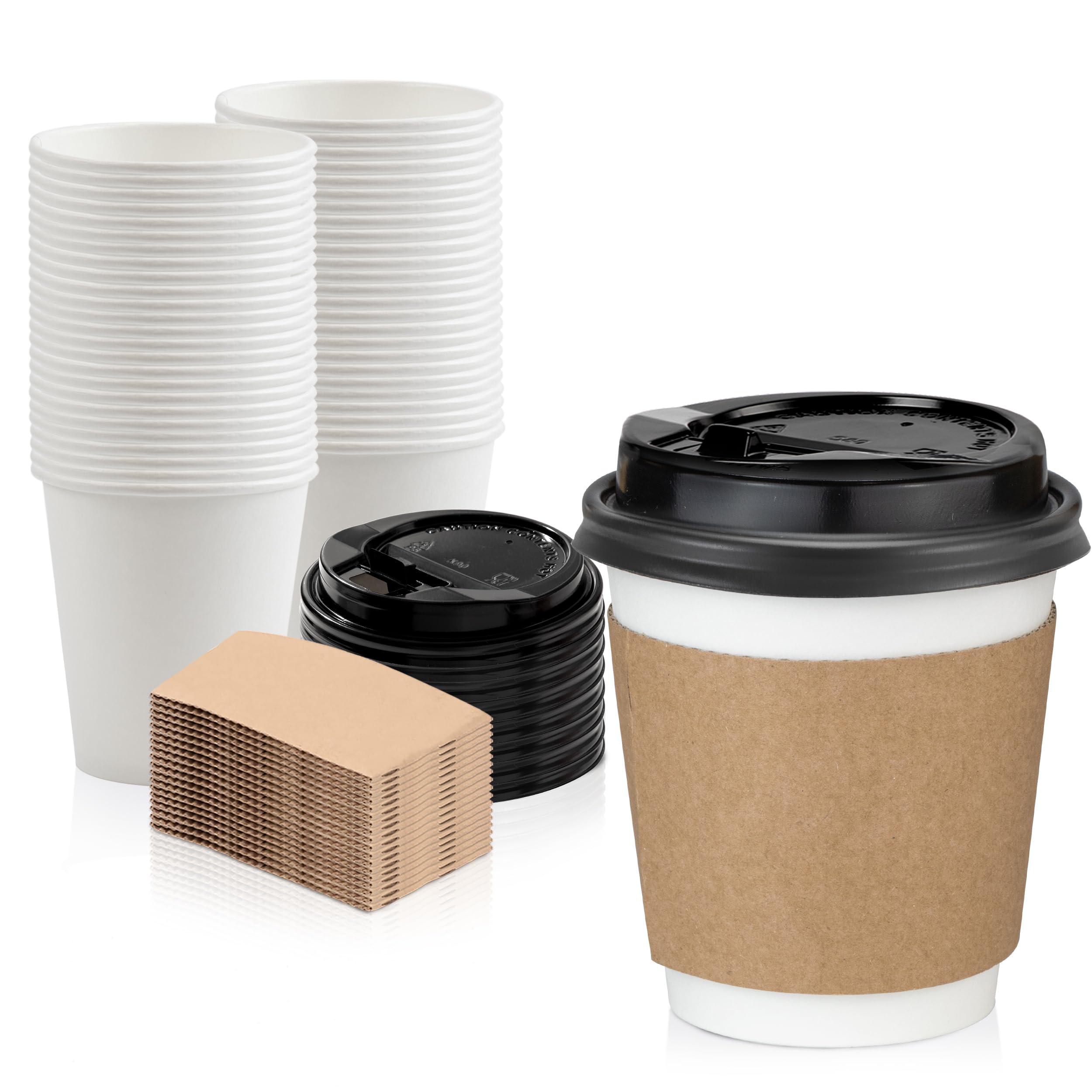 500 Pack 10 oz Disposable Coffee Cups with Lids & Sleeves - Leak-Proof To-Go Paper Cups for Hot Beverages - Durable Eco-Friendly Coffee Cups for Home, Office, Parties, Cafes & Coffee Shops