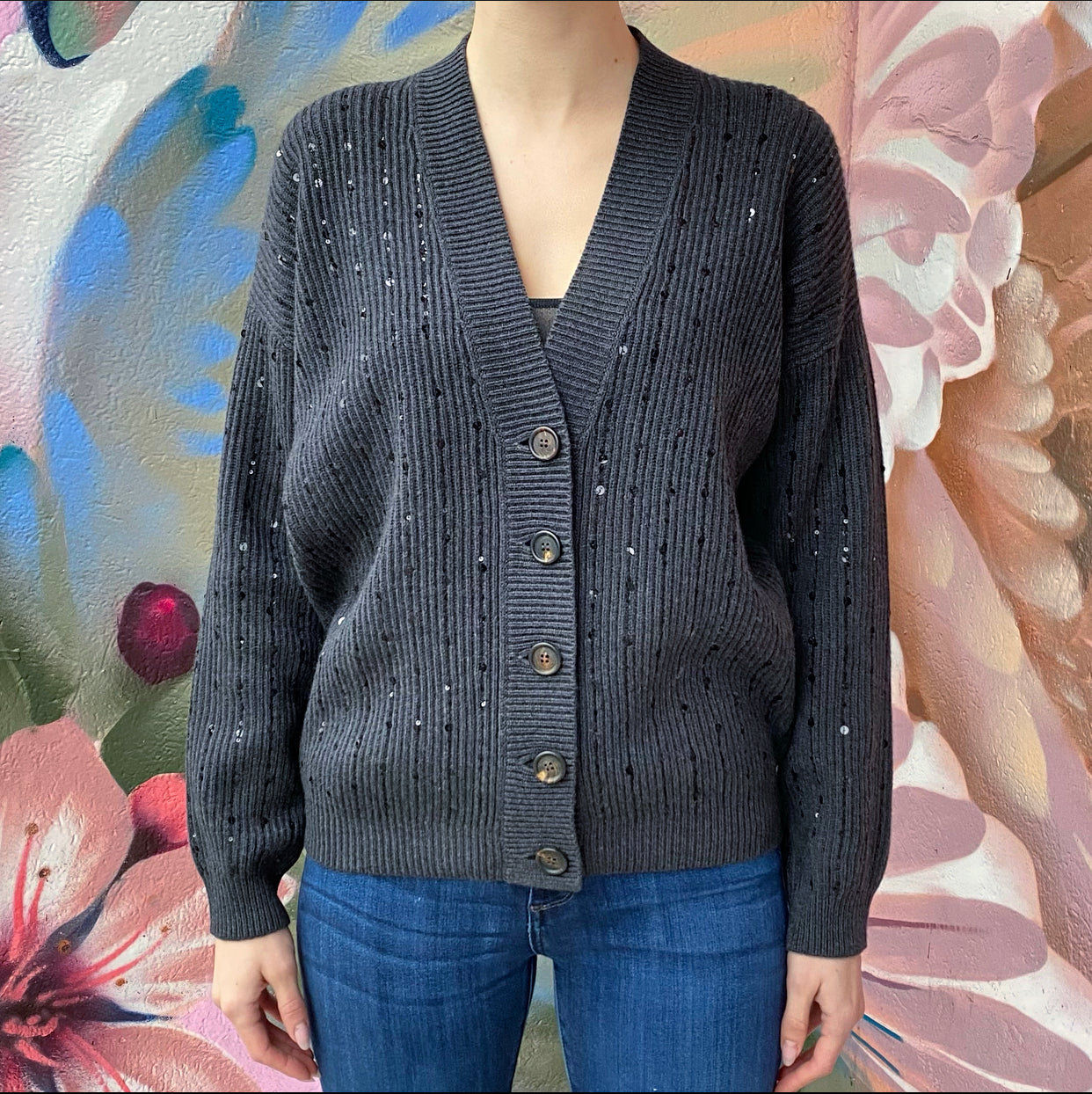 Brunello Cucinelli Charcoal Grey Cashmere Sequin Cardigan for Women - Luxury Knitwear for Evening Parties & Special Occasions