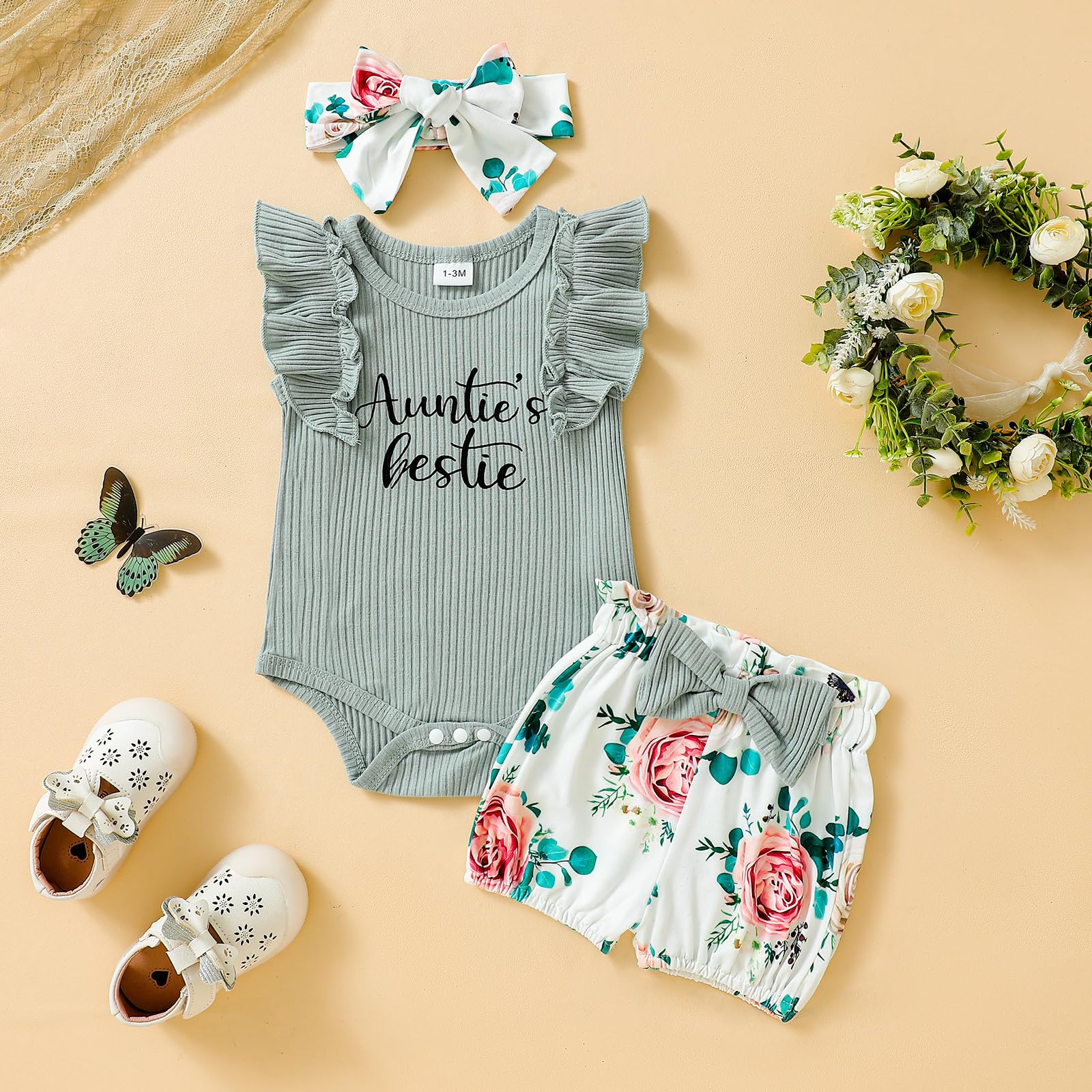 Adorable Baby Girl Outfits - Ribbed Romper & Floral Shorts Set for Newborns | Perfect for Summer, Playdates & Photo Shoots