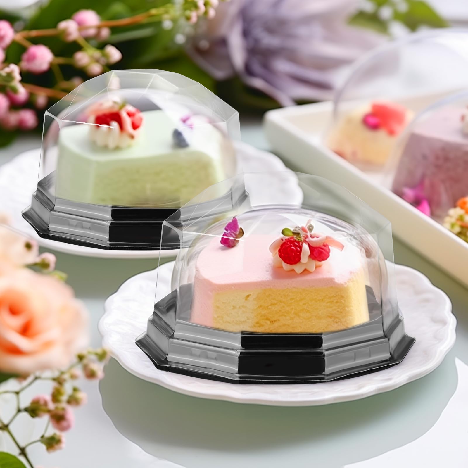 Palksky 50 Pack Clear Plastic Mini Bundt Cake Containers with Lids & Stickers - Disposable Miniature Cupcake Boxes for Baking, Party Favors & Dessert Display
