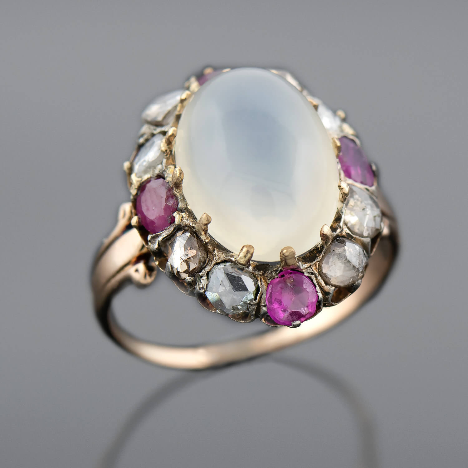 Victorian Style 18K Gold & Sterling Silver Moonstone, Ruby & Rose Cut Diamond Cluster Ring - Elegant Vintage Jewelry for Weddings, Anniversaries & Special Occasions