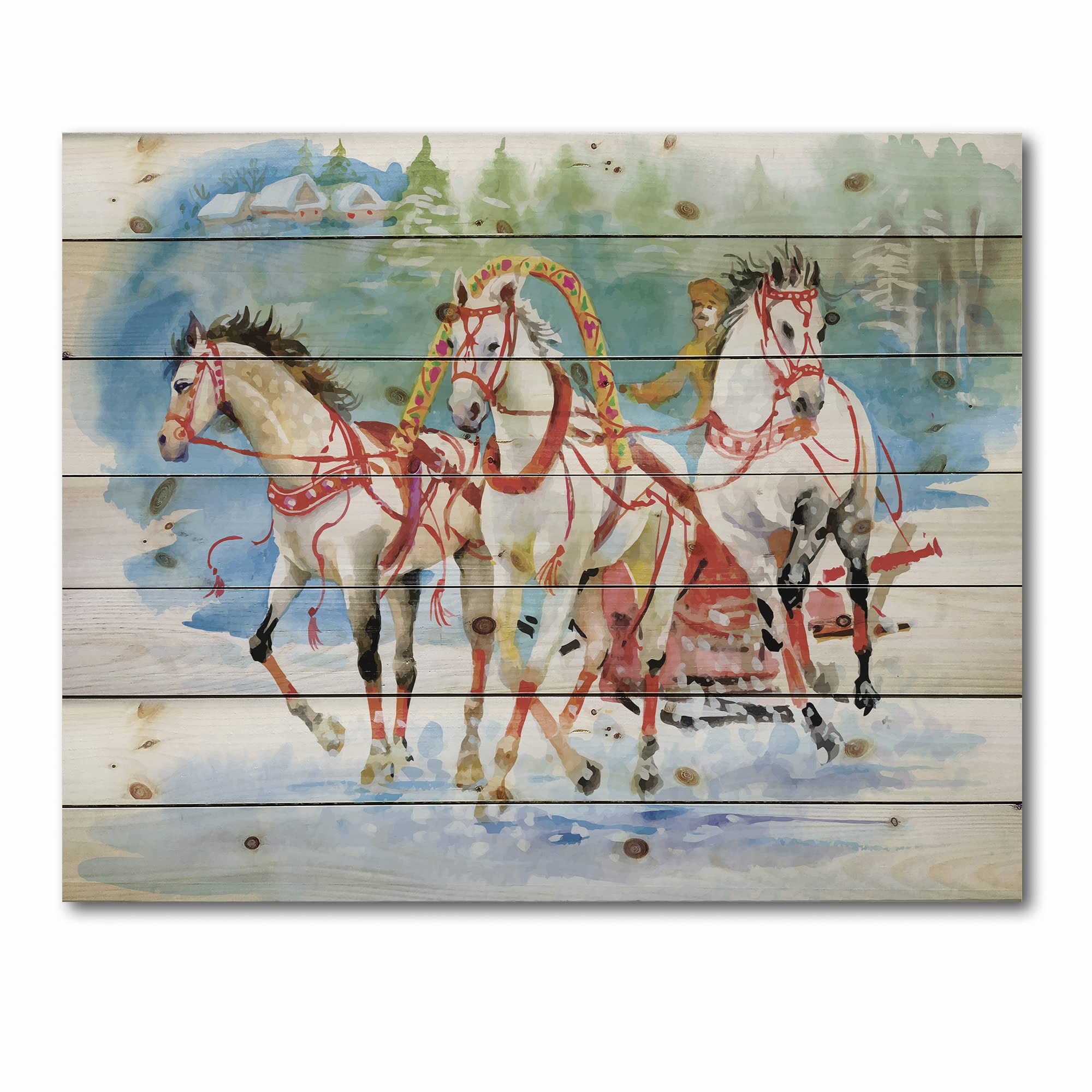 Farmhouse Wood Wall Decor - Galloping Horses with Carriage in Snow Scene, Red Wood Wall Art, Large Animal Wood Panels Printed on Natural Pine | Rustic Home Decor for Living Room, Bedroom, or Cabin