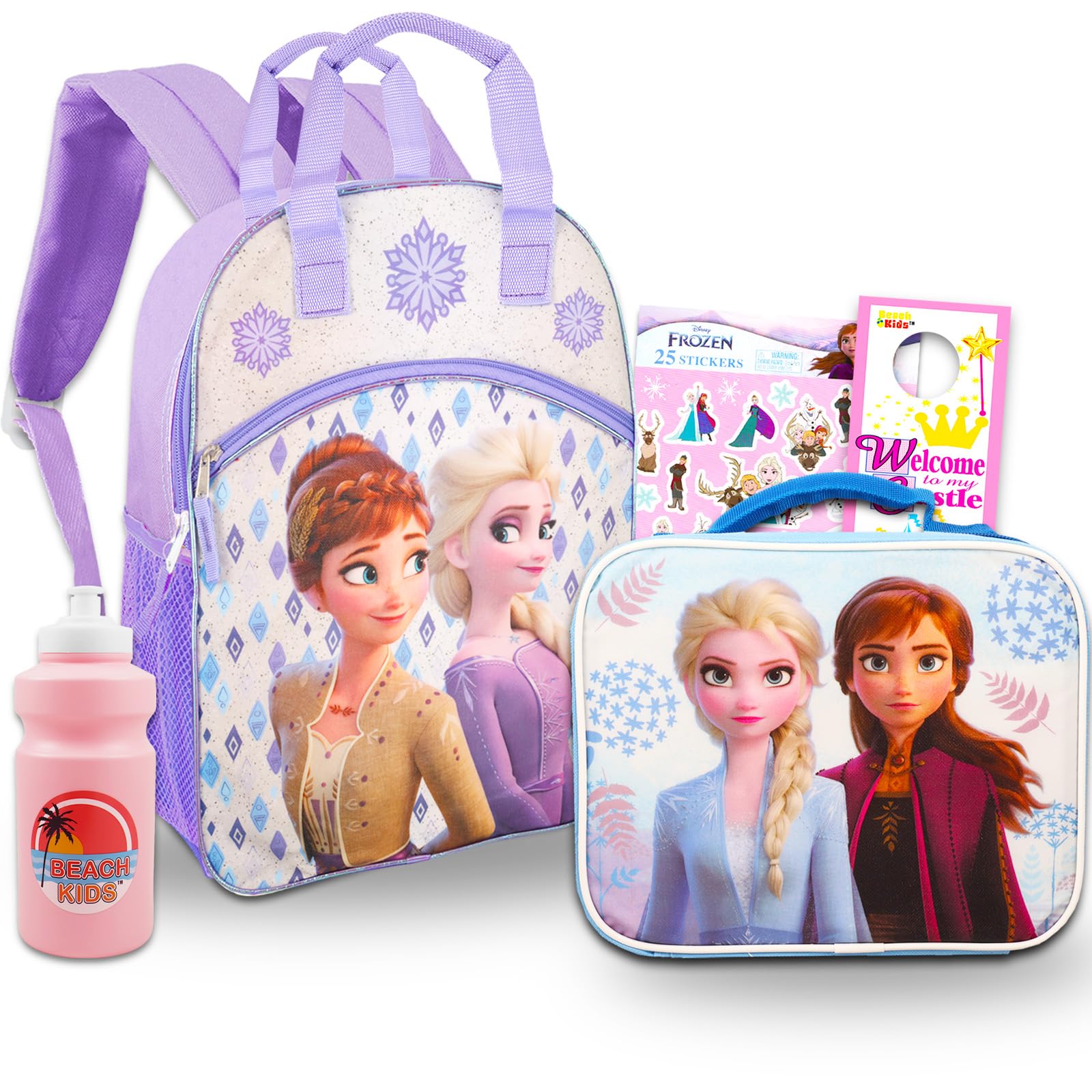 Disney Frozen Backpack for Girls with Elsa & Anna Design - Waterproof School Backpack with Lunch Bag, Reflective Stripes & Bonus Frozen Stickers | Perfect for Elementary School, Travel & Disney Theme Parties