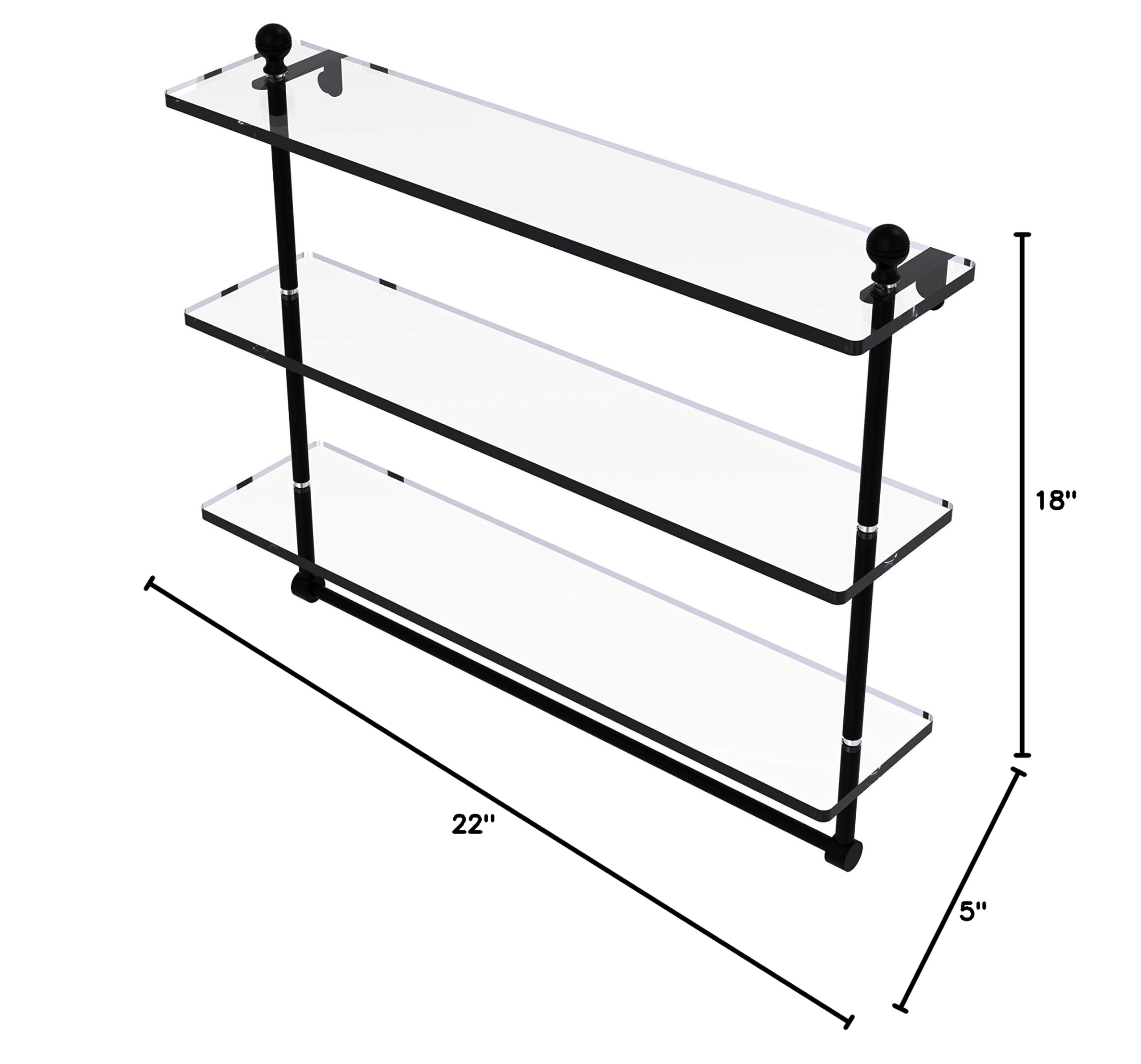 Allied Brass MA-5/22TB Mambo Collection 22 Inch Triple Tiered Integrated Towel Bar with Glass Shelf - Matte Black Bathroom Organizer for Towels, Robes & Toiletries Storage