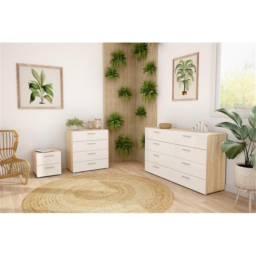 Modern 4-Piece Oak & White Gloss Bedroom Set with Nightstands, Dresser & Chest | Space-Saving Storage Solution for Small Bedrooms & Apartments
