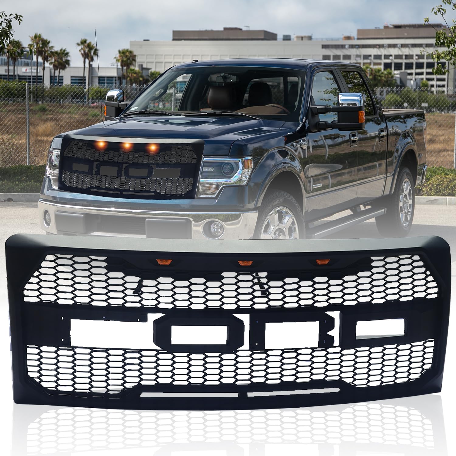 Ford F150 Front Grille Replacement (2009-2014) - Raptor Style Matte Black Mesh Grill with 3 Amber LED Lights | Upgrade for Off-Road & Truck Enthusiasts
