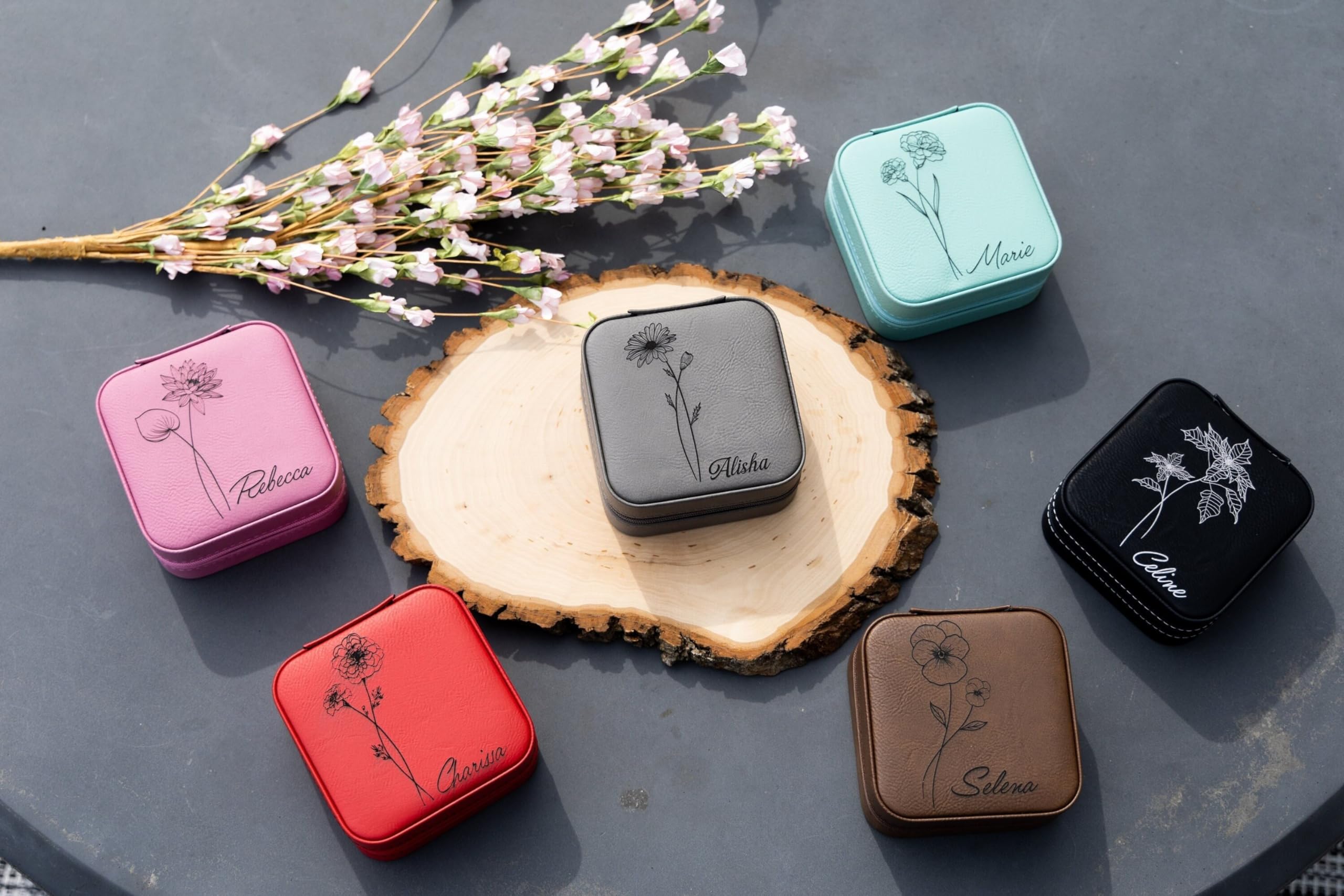 Personalized Birth Month Flower Jewelry Travel Box - Vegan Leather Custom Jewelry Case with Floral Design | Perfect Valentine's Gift for Women, Travel Jewelry Organizer for Necklaces & Rings