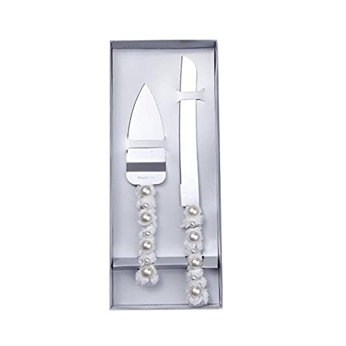 Elegant Stainless Steel Wedding Cake Knife Server Set with Acrylic Handle & Pearl Flower Lace - Perfect for Wedding, Anniversary, Bridal Shower & Party Serving