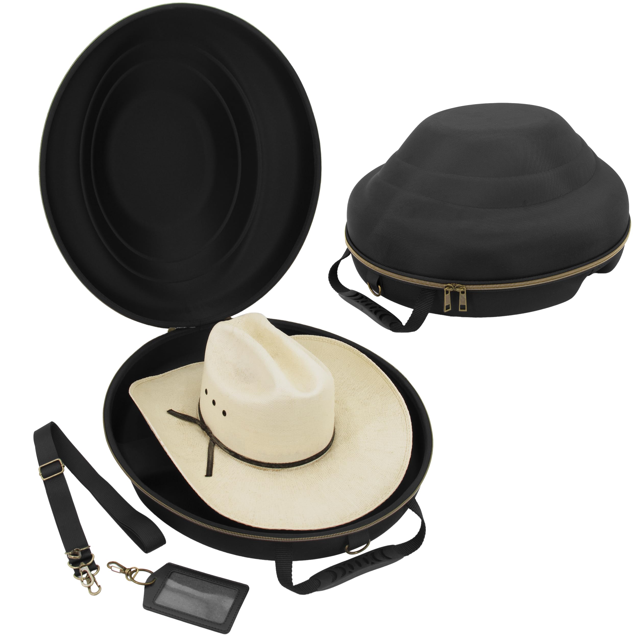 CASEMATIX Cowboy Hat Storage Box - Hard Shell Travel Case with Carry Strap, ID Slot & Foam Insert for Brims Up to 4.75