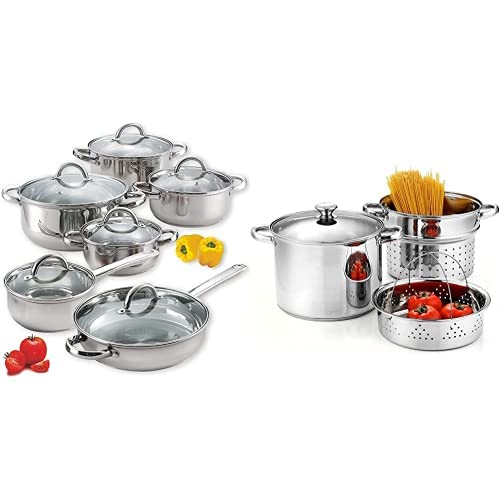 Cook N Home 4-Piece 8 Quart Stainless Steel Multipot Set with Pasta Cooker & Steamer | 12-Piece Basic Kitchen Cookware Set | Pots & Pans for Cooking, Boiling & Steaming | Perfect for Family Meals & Entertaining