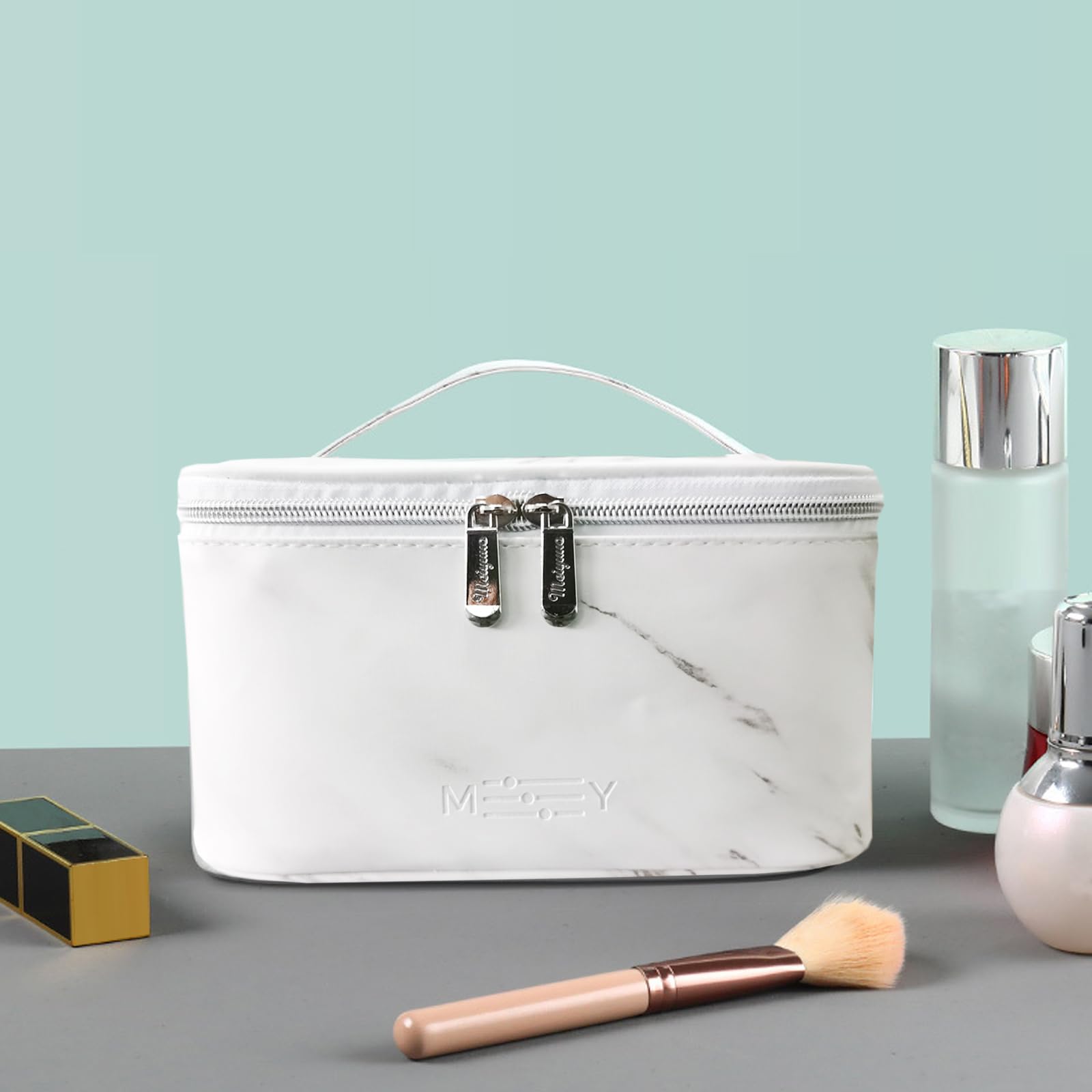 Meiyuuo Small Waterproof Makeup Bag for Women & Girls - Cute White Marble Cosmetic Organizer with Zipper Pouch for Purse Essentials | Perfect for Travel, Gym & Daily Use