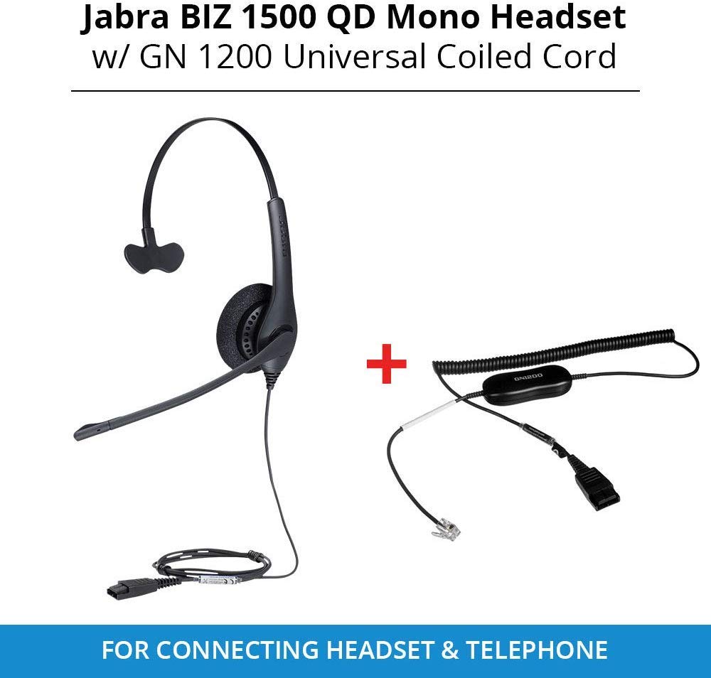 Biz 1513-0157 QD Mono Headset with GN QD 1200 Universal Coiled Smart Cord - Hands-Free Telephone Headset for Office, Call Center & Customer Service Professionals
