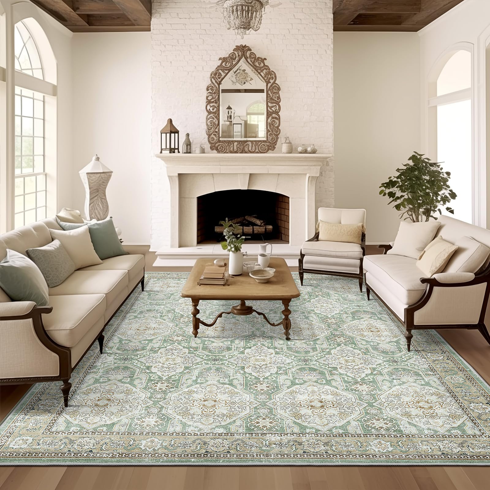 8x10 Washable Area Rugs - Stain Resistant Vintage Farmhouse Rug for Living Room, Bedroom & Dining Room - Soft Green Home Decor for Cozy Spaces & High Traffic Areas