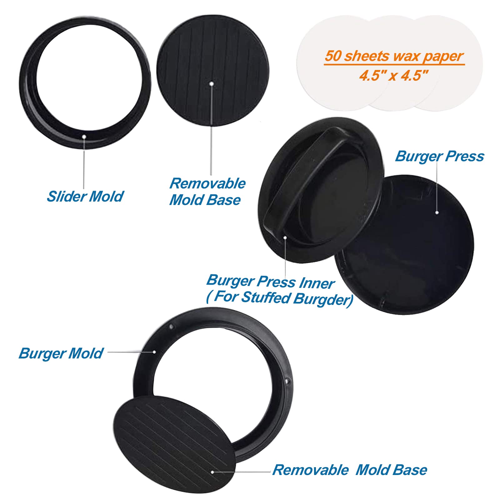 3-in-1 Non-Stick Hamburger Patty Press Maker with 50 Wax Papers - Perfect for BBQ, Backyard Grilling & Homemade Burgers - Create Juicy Patties for Sliders, Regular & Large Burgers