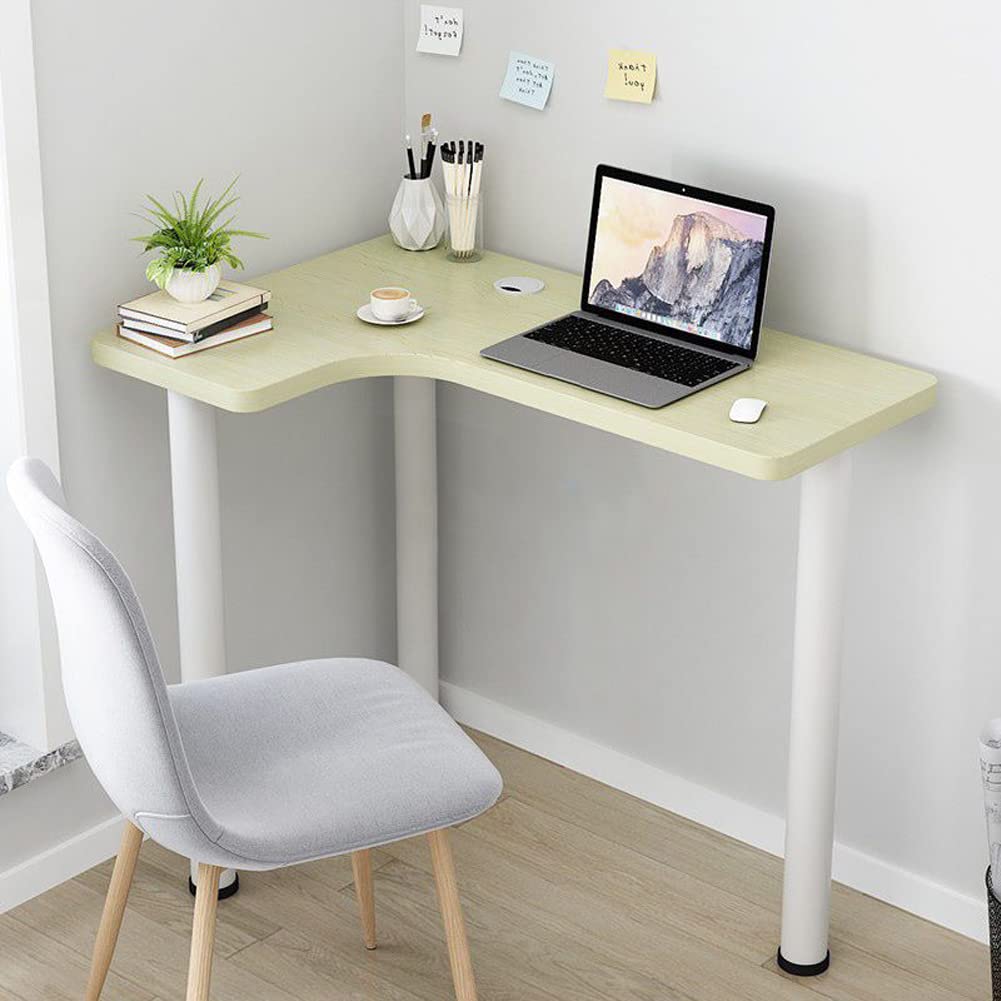 KWOKING 29.5 Inch Small L-Shaped Corner Desk - White Steel Legs Wooden Writing Study Desk with Simple Arc Design, Right-Angle Wall Fit (31.5