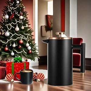 Premium Stainless Steel French Press Coffee Maker - 21Oz Double Wall Insulated with 3-Level Filtration System | Includes 4 Filters & Metal Spoon | Ideal for Home, Office & Camping Use