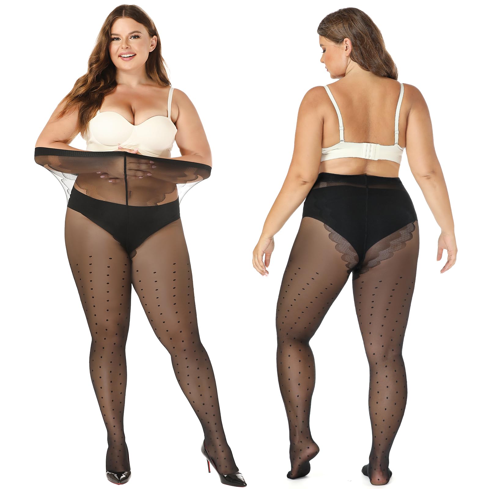 MANZI Plus Size Sheer Pantyhose for Women - Black Polka Dot Tights, 20D Sexy Stockings with Floral Pattern | Perfect for Office, Date Night & Special Occasions