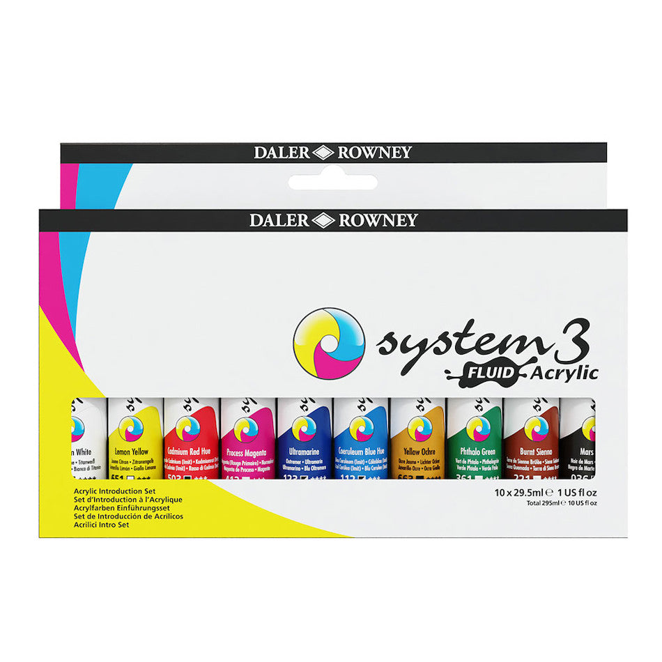 Daler Rowney System3 Fluid Acrylic Paint Set - 10 Vibrant Colors (29.5ml Each) - Perfect for Canvas Painting, DIY Crafts & Professional Art Projects