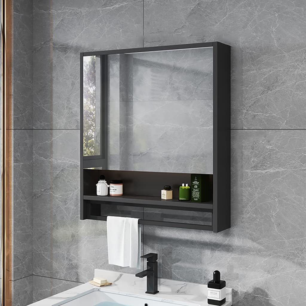 Wall Mount Bathroom Mirror Cabinet with Towel Bar & Shelf - 23.5x31.4 Inch Medicine Storage Cabinet for Bathroom, Bedroom, Hallway - Space Saving Black Bathroom Organizer (Perfect for Small Bathrooms & Vanity Areas)