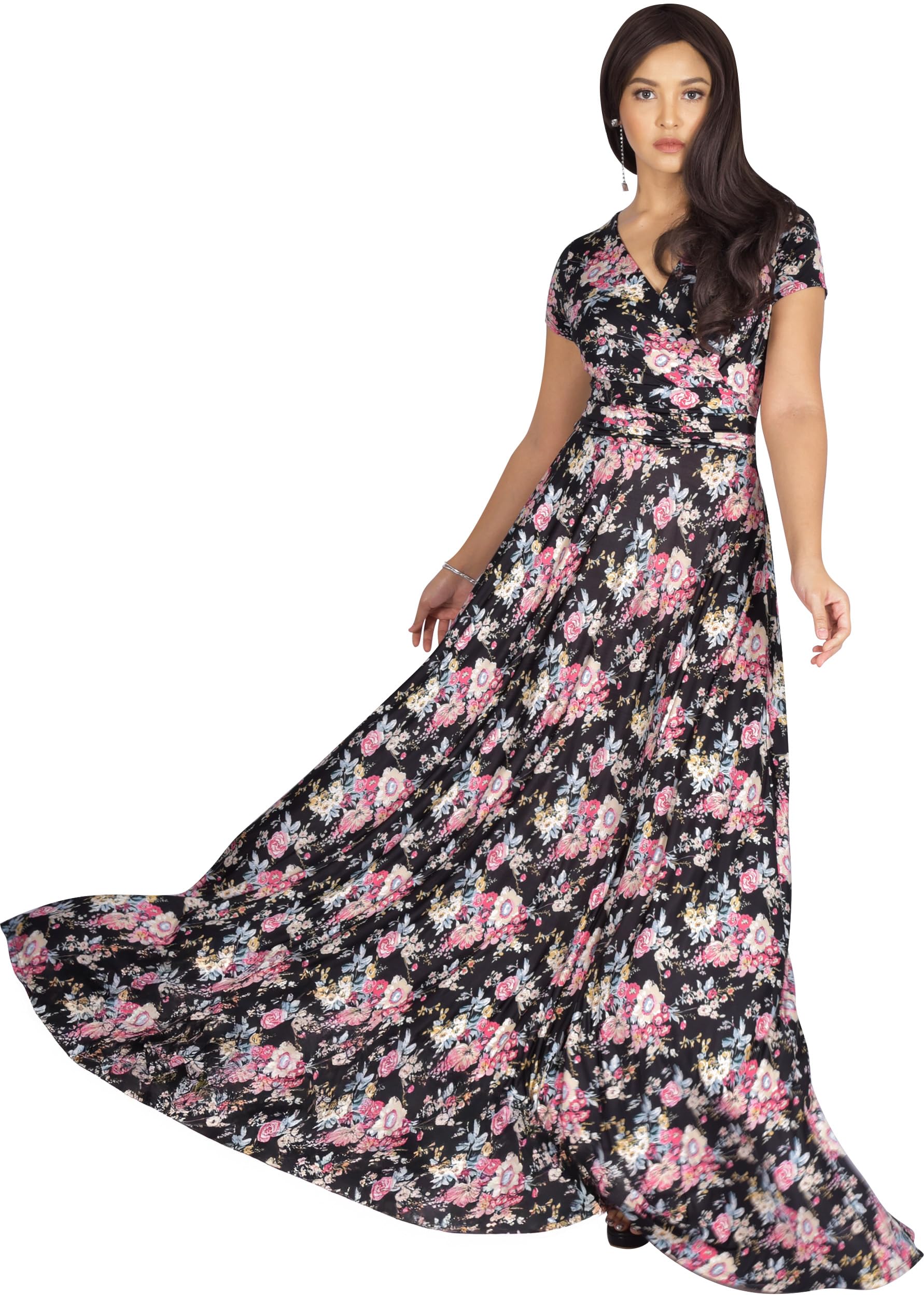 KOH KOH Women's Floral Print Summer Maxi Dress - Lightweight Short Sleeve Flowy Modest Gown for Beach, Vacation & Casual Wear