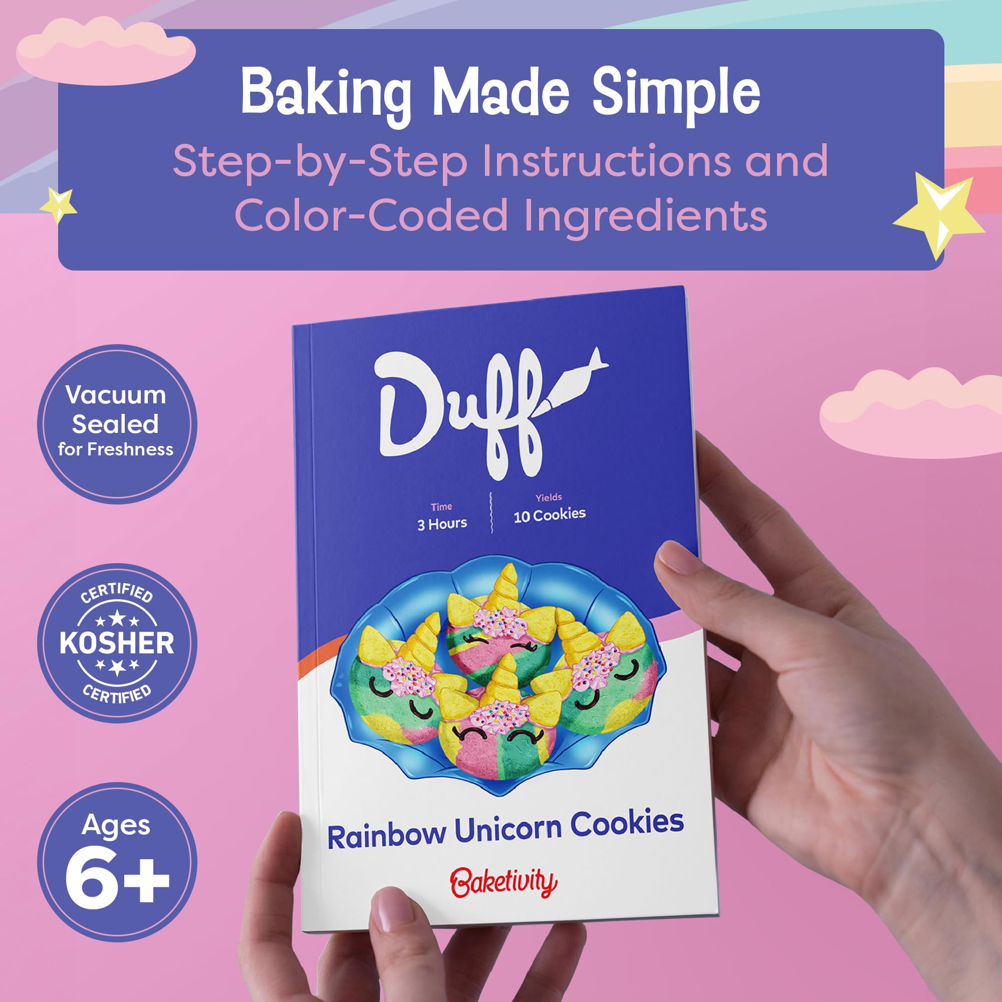 Baketivity x Duff Goldman Unicorn Cookies Baking Kit for Kids - Pre-Measured Ingredients, Decorating Supplies & STEM Activities - Fun Baking Set for Girls & Boys Ages 6-12 - Perfect for Birthday Parties, Family Bonding & Creative Play