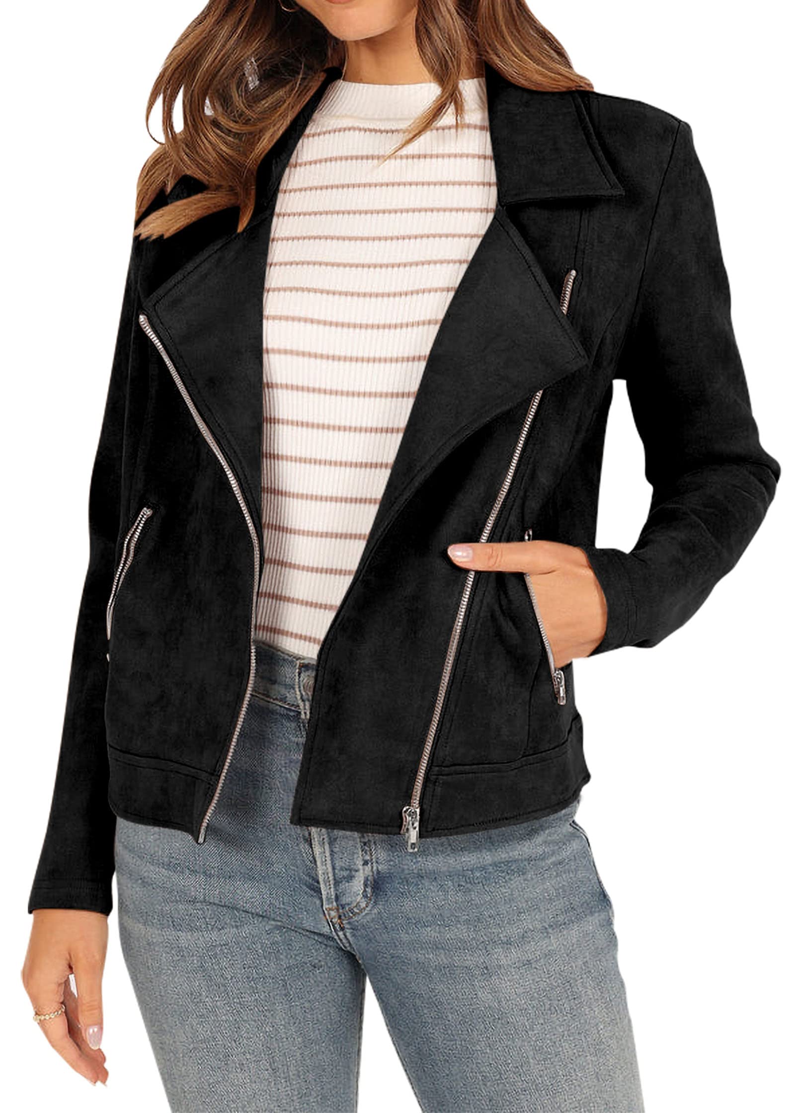 KIRUNDO Women's Faux Suede Jacket - 2024 Fall Winter Cropped Bomber Biker Moto Jacket with Zipper, Casual Outerwear for Women | Perfect for Daily Wear, Night Out, and Motorcycle Riding