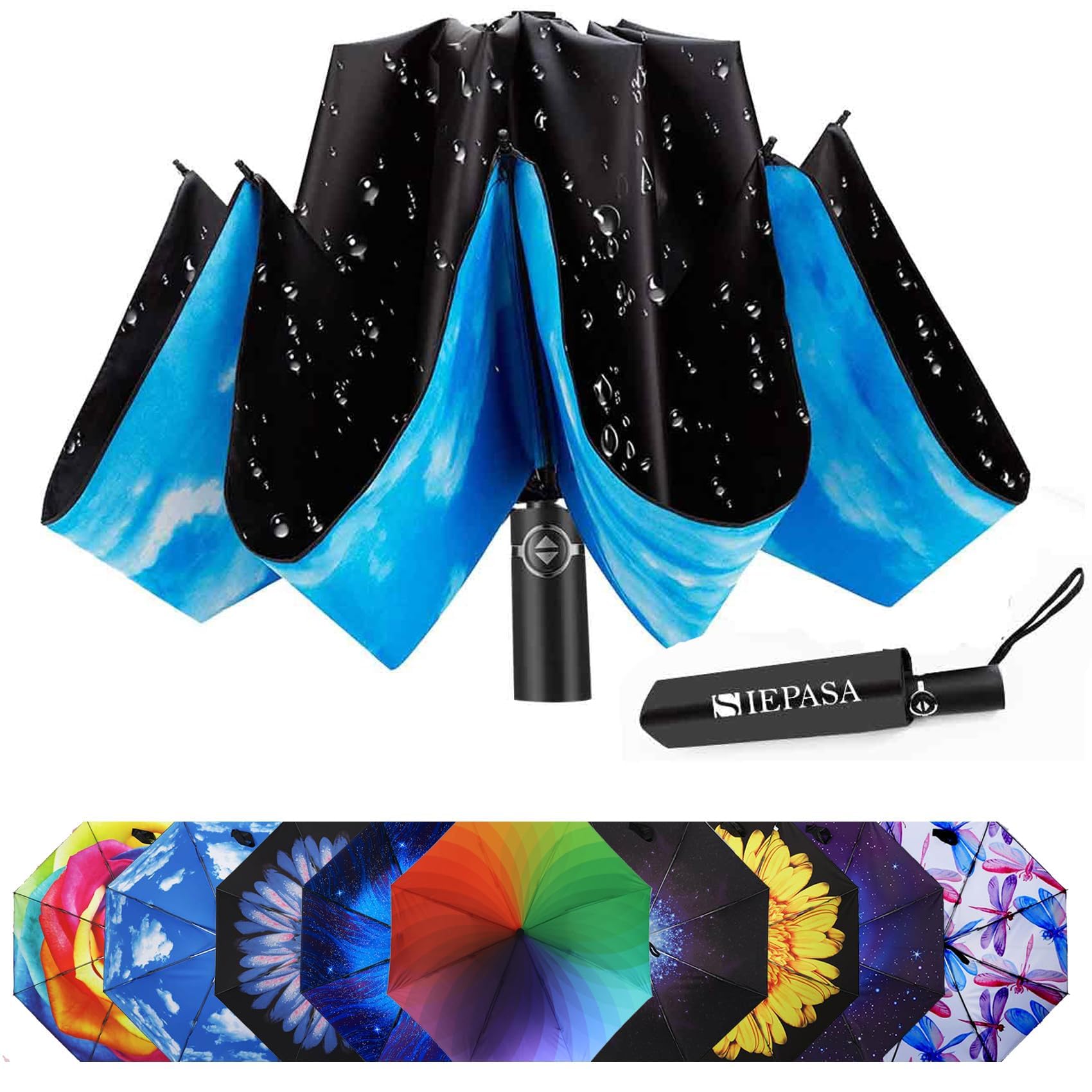 SIEPASA Windproof Reverse Folding Umbrella - Compact Automatic Travel Umbrella for Rain & Sun Protection - Perfect for Men & Women - Ideal for Commuting, Travel, and Outdoor Activities