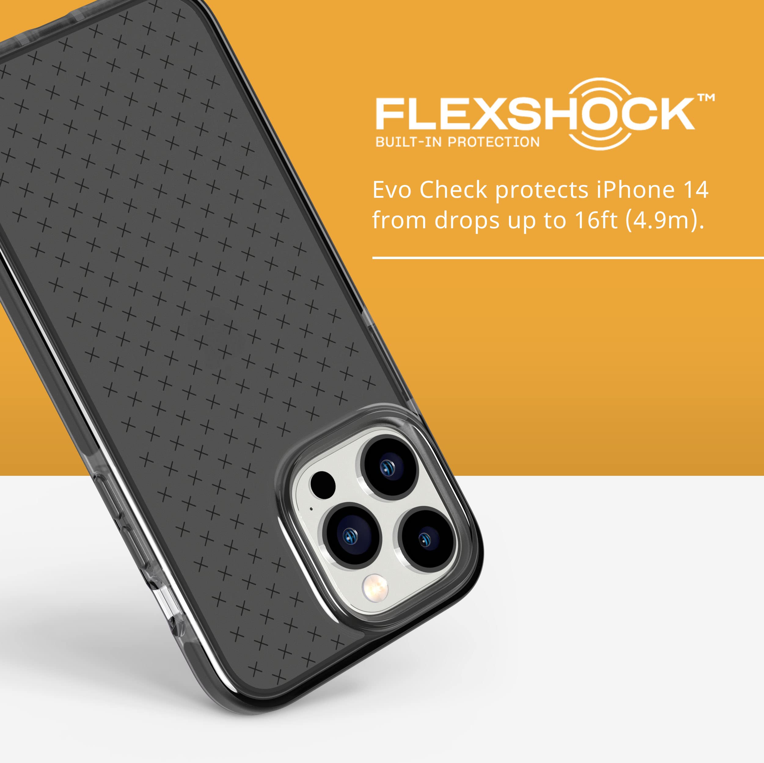 Tech21 iPhone 14 Pro Max Evo Check Case - Slim Shock-Absorbing Protective Cover with 16ft Drop Protection & Tactile Buttons in Smokey Black | Perfect for Outdoor Activities, Travel & Everyday Use