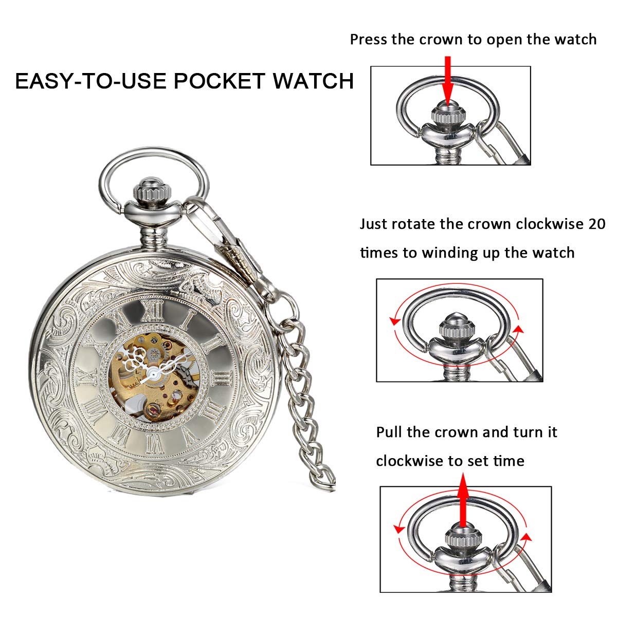 Antique Mechanical Pocket Watch - Retro Hand-Wind Steampunk Watch with Chain for Vintage Style & Gifts